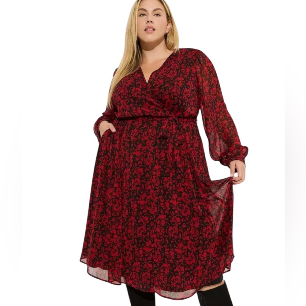 Torrid Midi Crinkle Chiffon Surplice Balloon Sleeve Dress Plus Size 5X Red Black